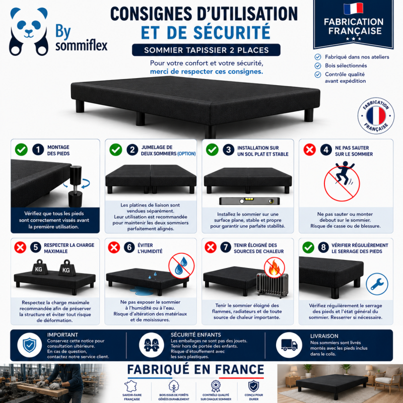 SOMMIER TAPISSIER NOIR 140x200 cm | FABRICATION FRANÇAISE ARTISANALE | PIEDS OFFERTS | HAUTEUR avec PIEDS 27 cm
