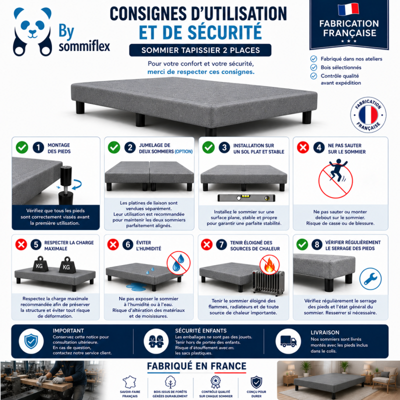 SOMMIER TAPISSIER GRIS 70x190x2 (140x190) | FABRICATION FRANÇAISE ARTISANALE | PIEDS OFFERTS | HAUTEUR avec PIEDS 27 cm