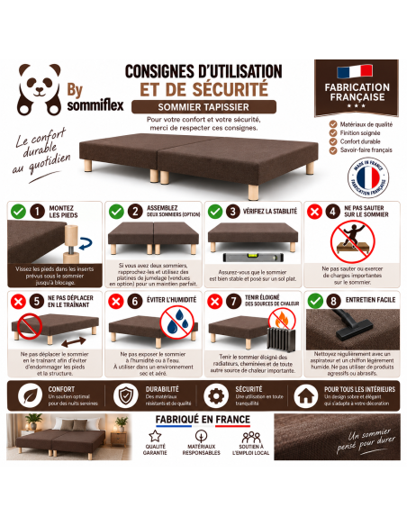 SOMMIER TAPISSIER MARRON 70x200x2 (140x200) | FABRICATION FRANÇAISE ARTISANALE | PIEDS OFFERTS | HAUTEUR avec PIEDS 27 cm