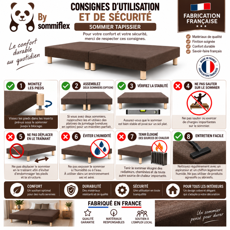 SOMMIER TAPISSIER MARRON 80x200x2 (160x200) | FABRICATION FRANÇAISE ARTISANALE | PIEDS OFFERTS | HAUTEUR avec PIEDS 27 cm
