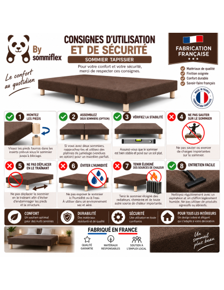 SOMMIER TAPISSIER MARRON 120x190 cm | FABRICATION FRANÇAISE ARTISANALE | PIEDS OFFERTS | HAUTEUR avec PIEDS 27 cm