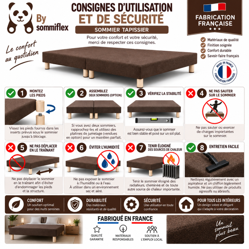 SOMMIER TAPISSIER MARRON 160x200 cm | FABRICATION FRANÇAISE ARTISANALE | PIEDS OFFERTS | HAUTEUR avec PIEDS 27 cm