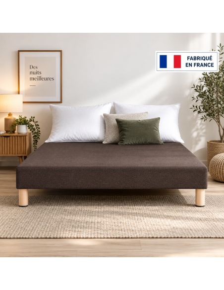 SOMMIER TAPISSIER MARRON 90x200 cm | FABRICATION FRANÇAISE ARTISANALE | PIEDS OFFERTS | HAUTEUR avec PIEDS 27 cm